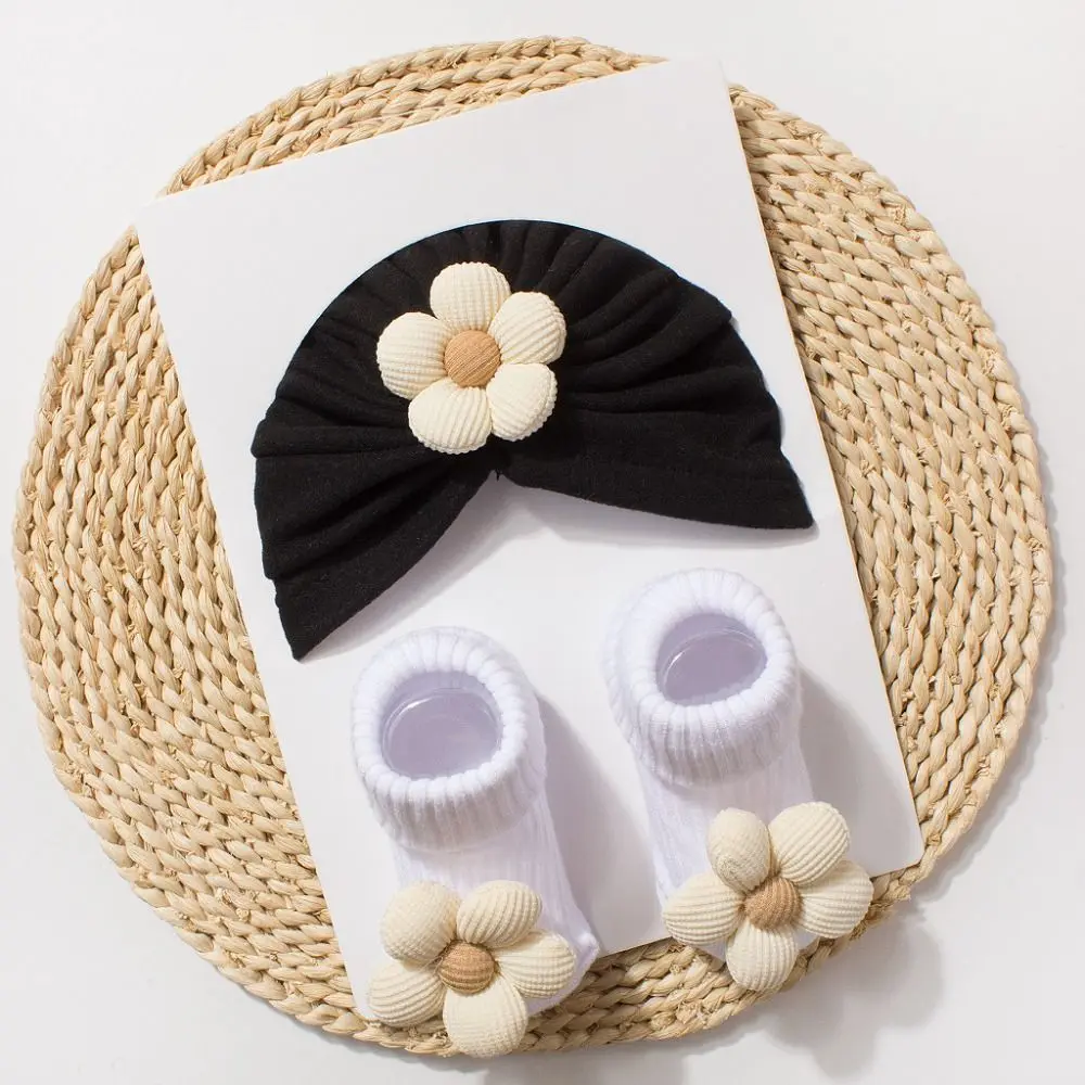 Zoete grote bloem babymutsje sokken set zacht gebreide antislip pasgeboren hoed met sokken comfortabel ademend peuter kinderen tulband
