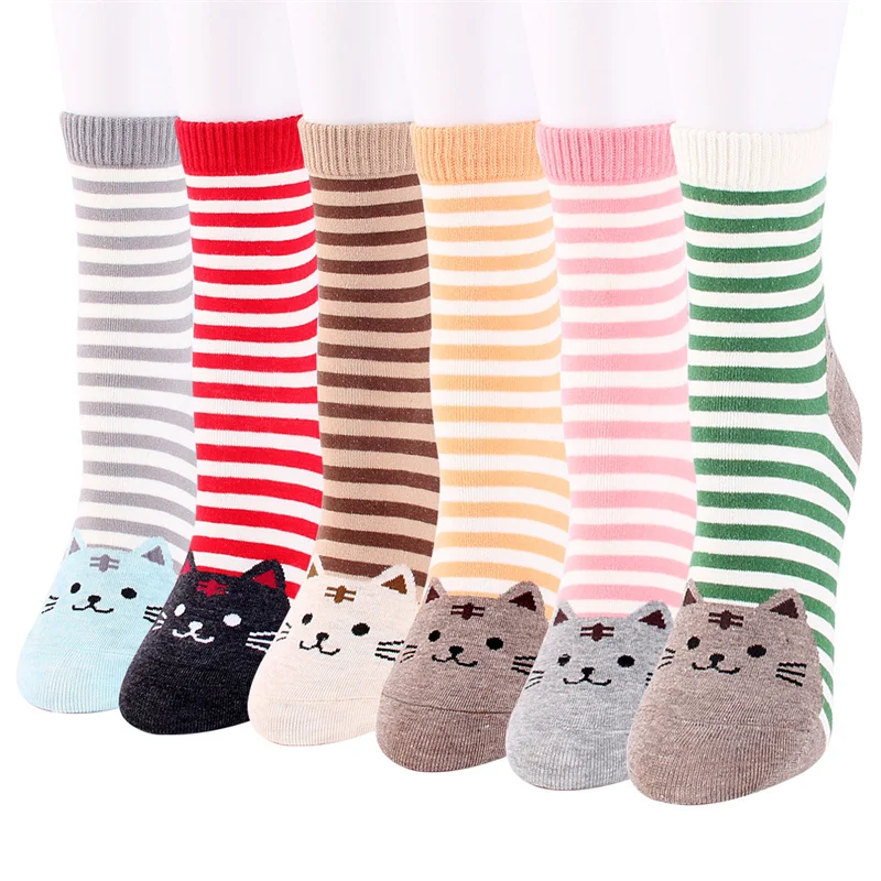 

Korean Style Women's Cartoon Cotton Socks Autumn Winter Pink Red Striped Cat Face Female Ladies Fun Animal Tube Socks