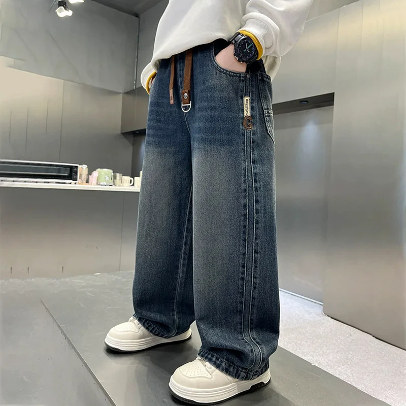 UNITIM בני נוער ג'ינס רחב רגליים 5-14 שנים בנים אביב מכנסי ג'ינס קז'ואל לילדים רפויים ילדים בנים ספורט מכנסיים ישרים