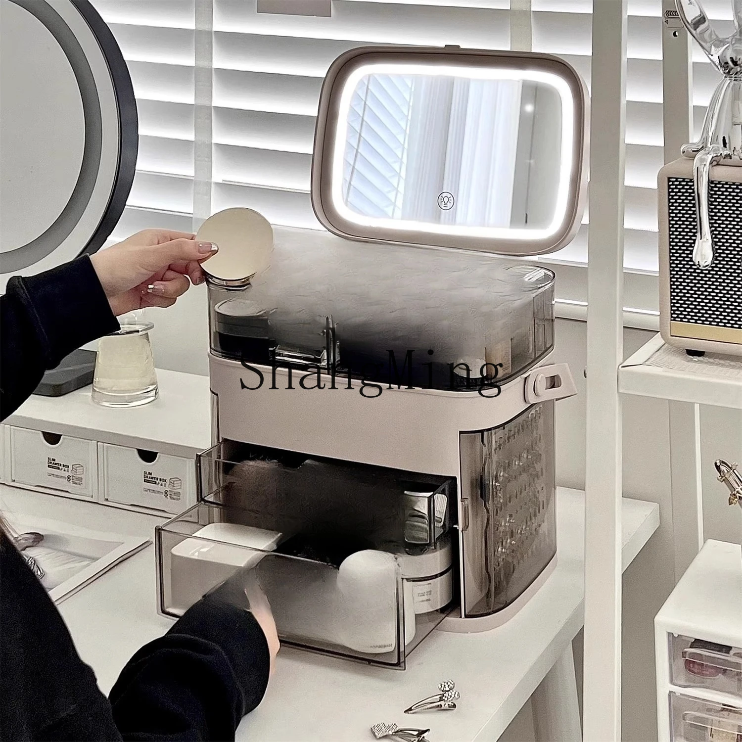 

SM new cosmetic storage box with mirror household high-end integrated large-capacity storage box