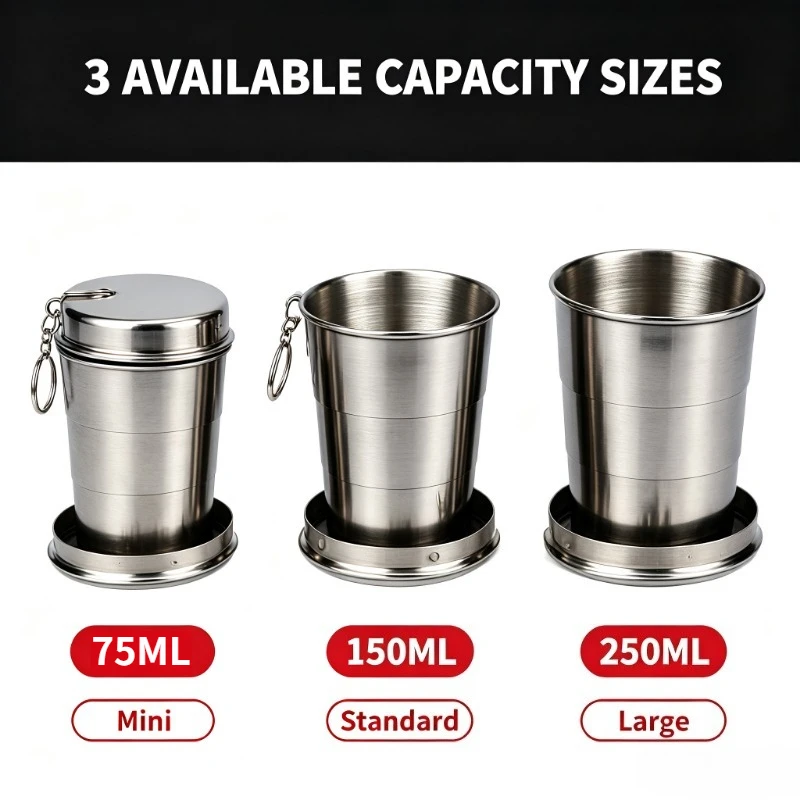2Pcs 75/150/250ML Stainless Steel Collapsible Cup Telescopic Travel Mug Outdoor Snow Camping Hiking Climbing Ski Gear Travel