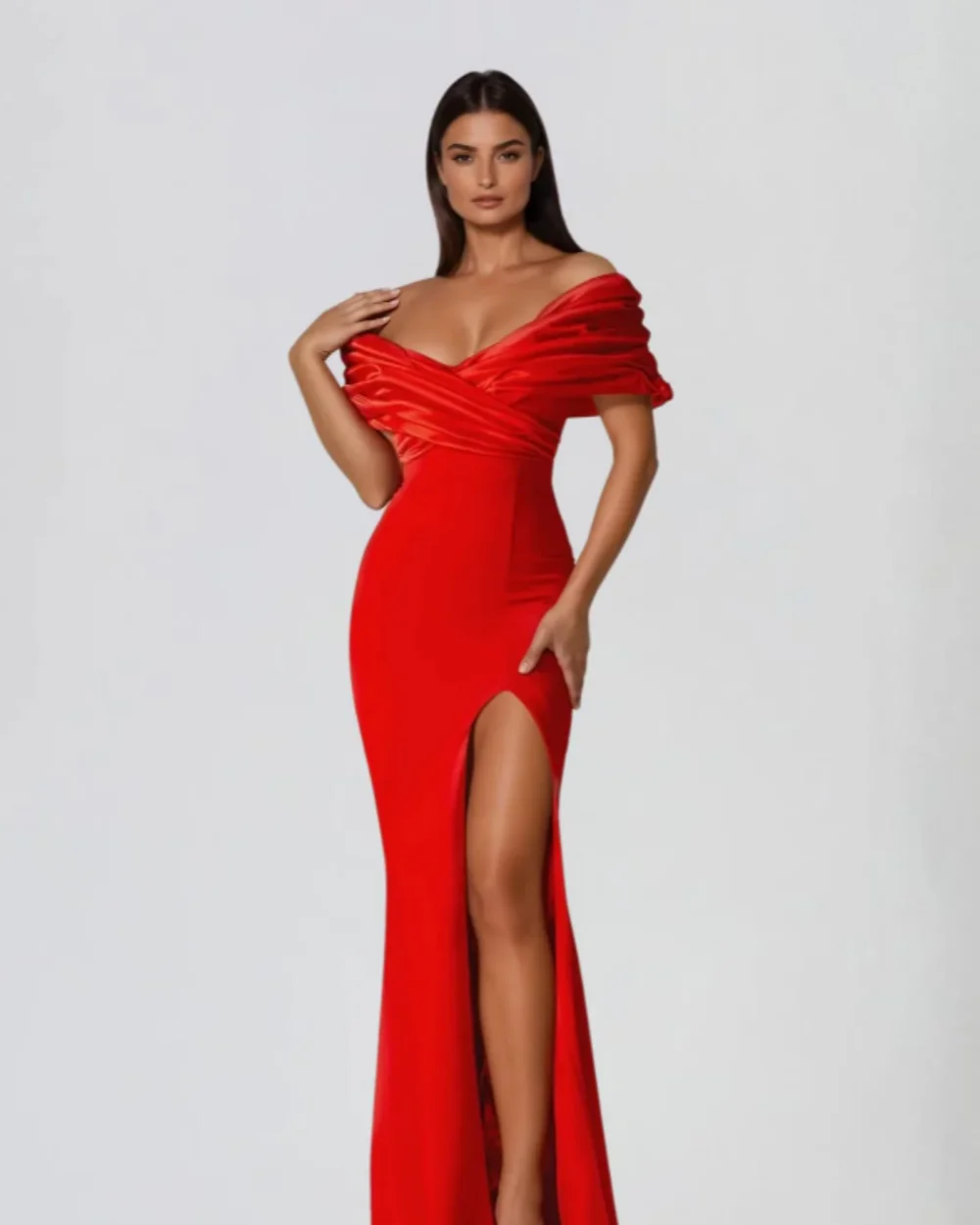 

Customized Modern Style Women Jersey Ruched Pleat Mermaid Evening Dresses Fashion Off-the-shoulder Sleeveless Slit Prom Dresses