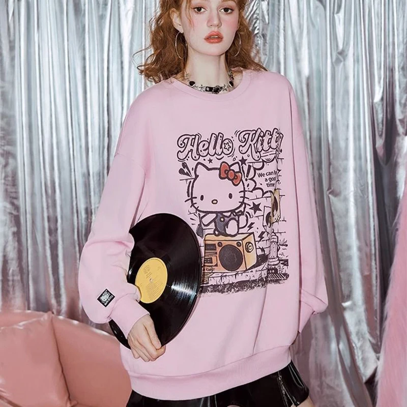 Pure Cotton Hello Kitty Y2K Graffiti Crew Neck Sweatshirt Woman Sanrios Anime Cartoon Printing Fashion Plus Velvet Top Tide New