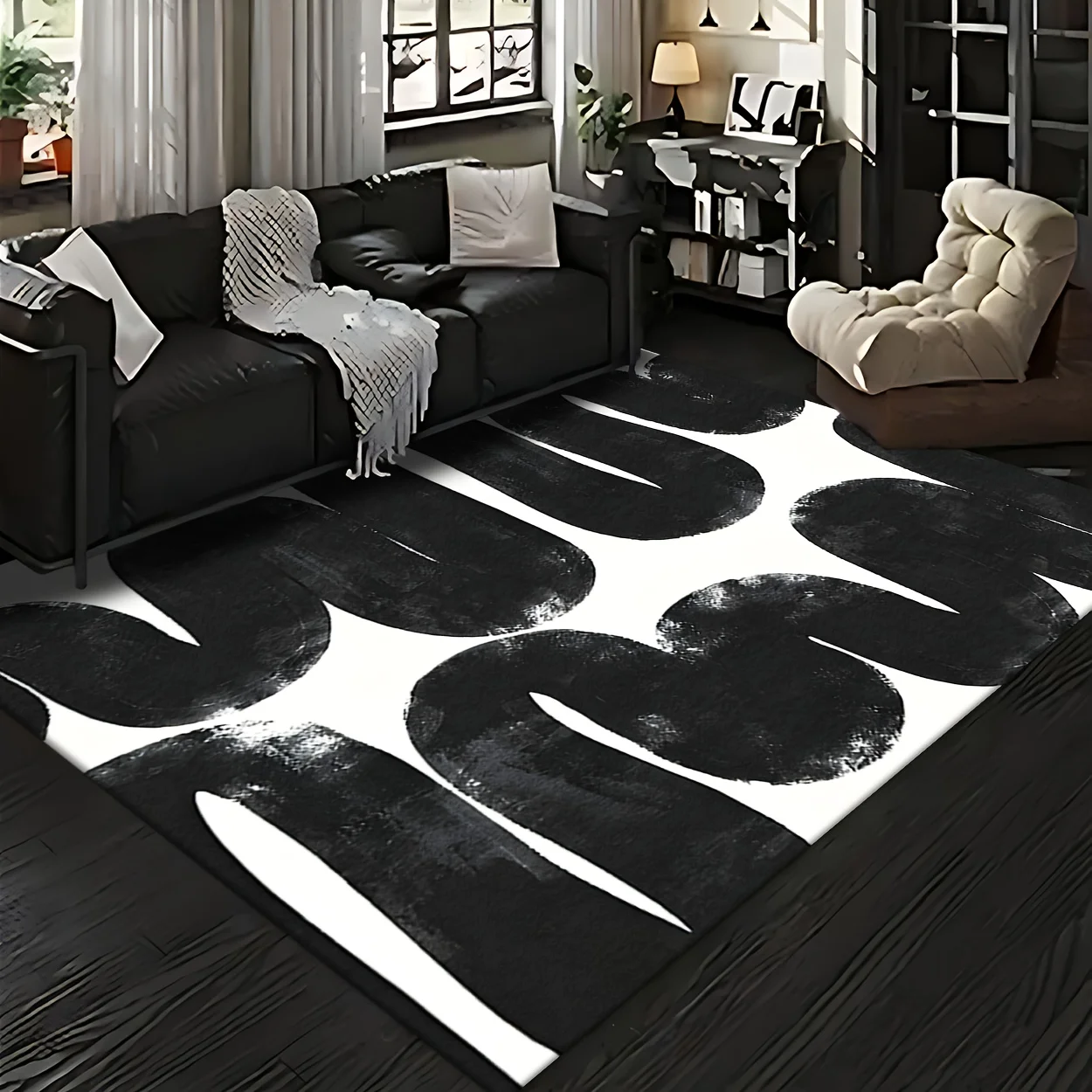 Black White Abstract Brush Stroke Area Rug, Modern Art‑style Floor Decor, Versatile Home Ornament for Living Room, Bedroom