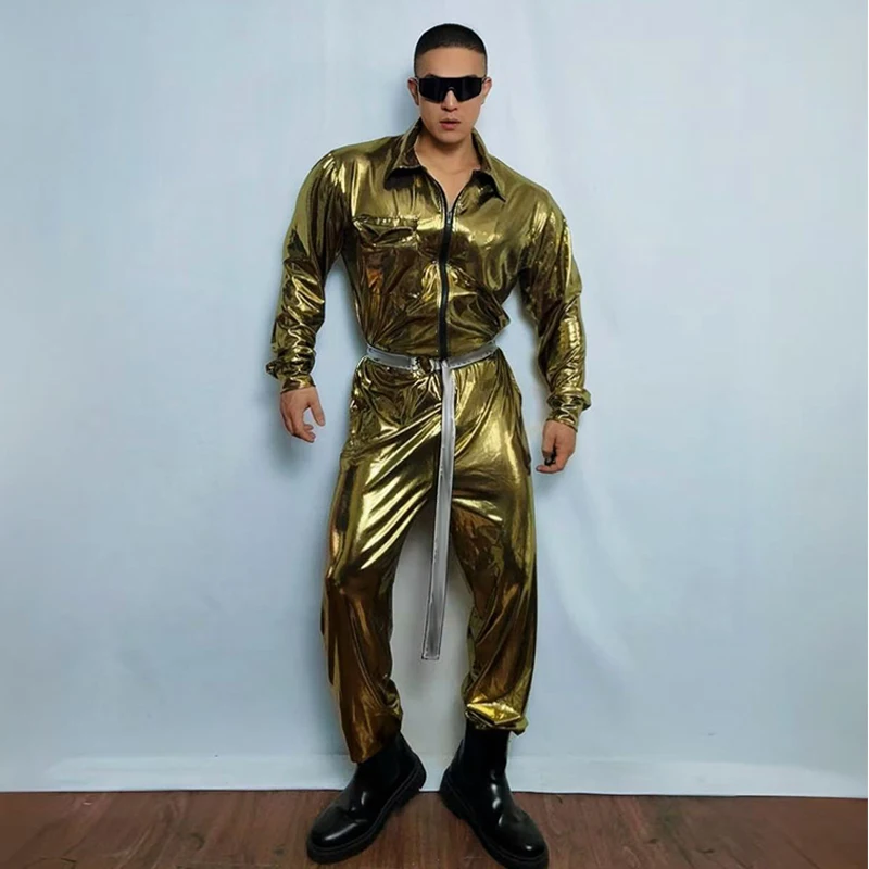 Gogo Dancer Costume Men Gold Jumpsuit Long Sleeve Jazz Dance Stage Wear Nightclub Bar Party Show Clothing Male Rave Outfit yj393