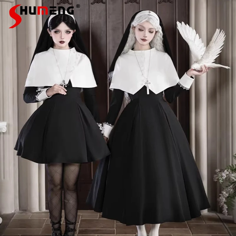 

Japanese Original Nun Style Cut Black White Long And Short Big Hem OP Twin Dress Lolita Chic High-waisted Short Sleeves Dresses