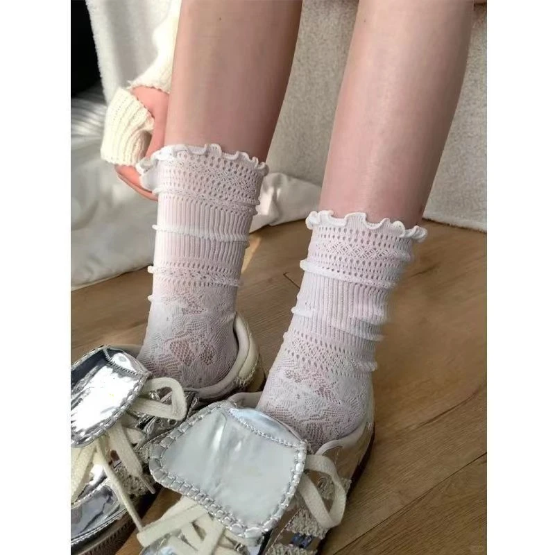 White Korean Fashion Hollow-out Lace Stockings for Spring And Summer Lolita Style Small Leather Shoes Compatible JK Socks