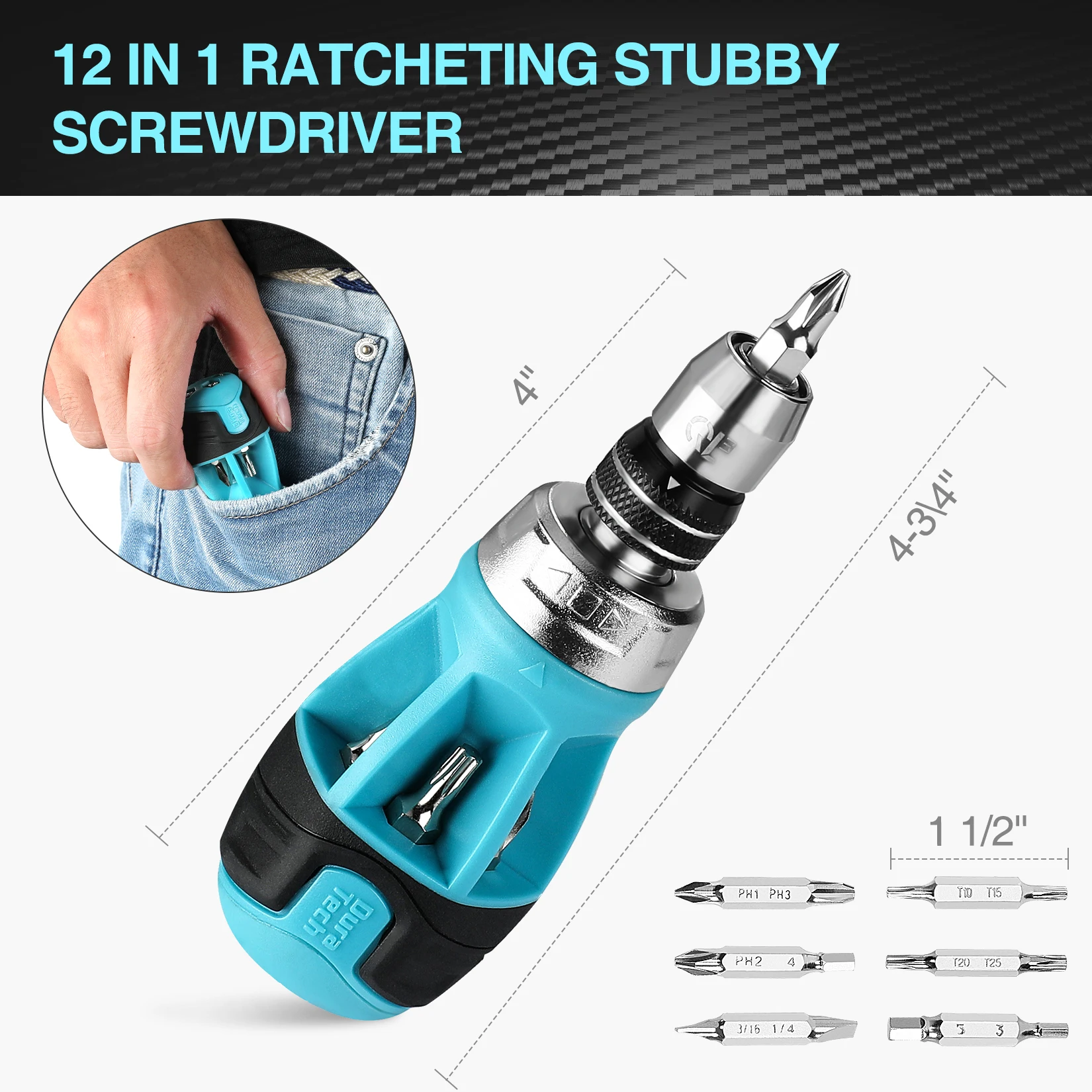 DuraTech 12-in-1 Quick Load Ratcheting Multi-bits Stubby Screwdriver Set Hand Tools Slotted Phillips Torx Square Screwdriver Kit