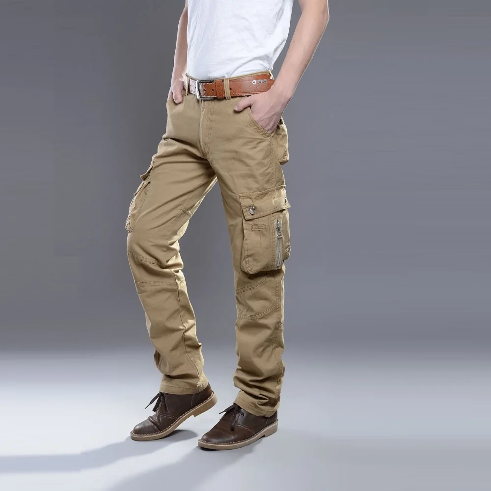 Winter Cargo Pant Men Straight Leg Fit Brushed Trouser Male Cotton Fleece Lined Warm Pocket Work Black Elegant Military Tactical