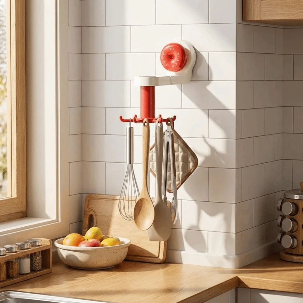 Rotatable Kitchen Rotating Hook Space-Saving with Suction Cup Wall Mounted Storage Rack Six-Claw Spatula Storage Rack