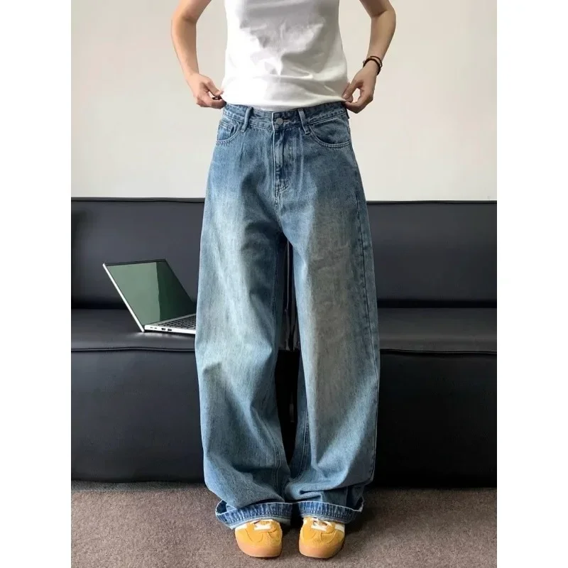 Deeptown Vintage Basic Women Jeans Wash Wide Leg Straight Denim Pants Korean Fashion Baggy Casual Harajuku Trousers Autumn Retro