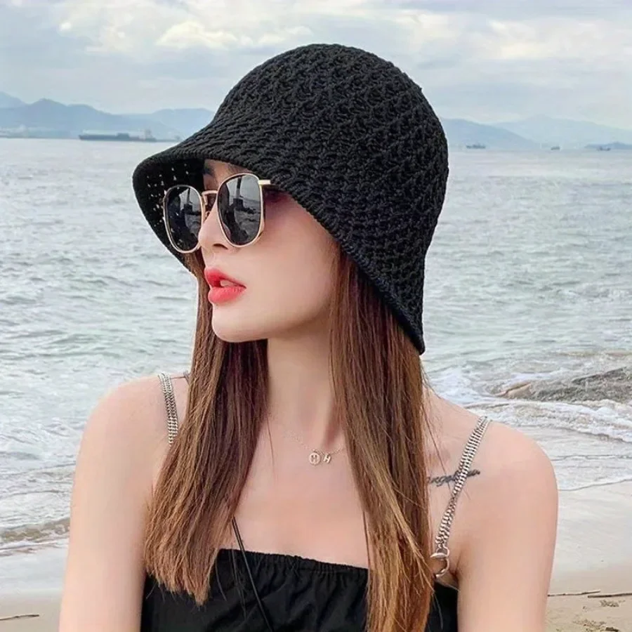 

Layered Hollow Knit Bucket Hat Solid Color UPF Sun Protection Adjustable Fisherman Cap for Outdoor Cycling Beach Travel