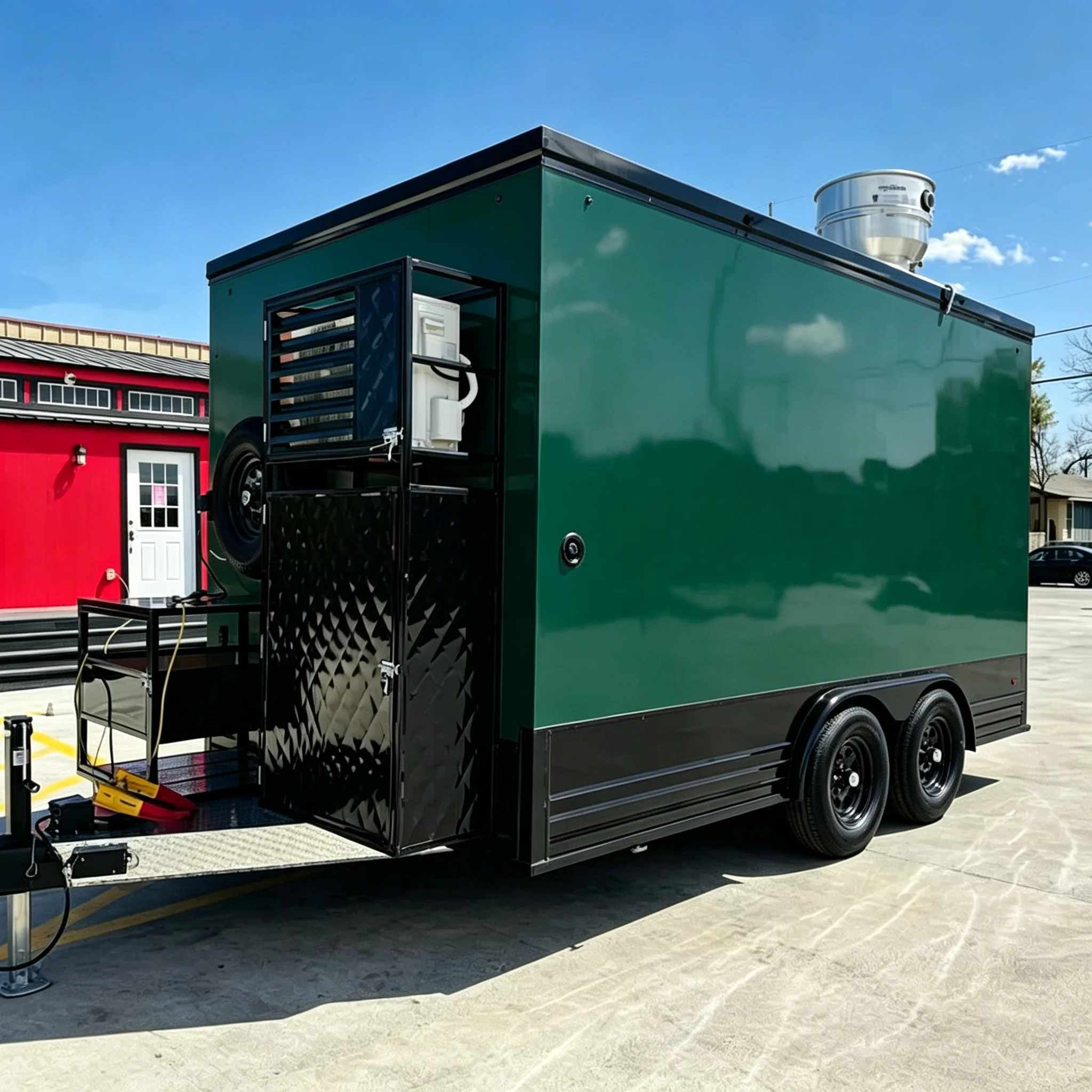 Fully Loaded Mobile Kitchen Trailer with Griddle Work Counter Black Cabinets Ready for Hot Dog Sandwich BBQ Hot Food Vending