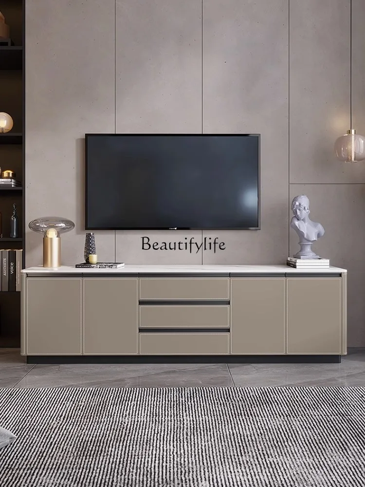 

Saddle Leather High-End TV Cabinet Italian Minimalist Light Luxury High-End Solid Wood Rock Slab Base Cabinet