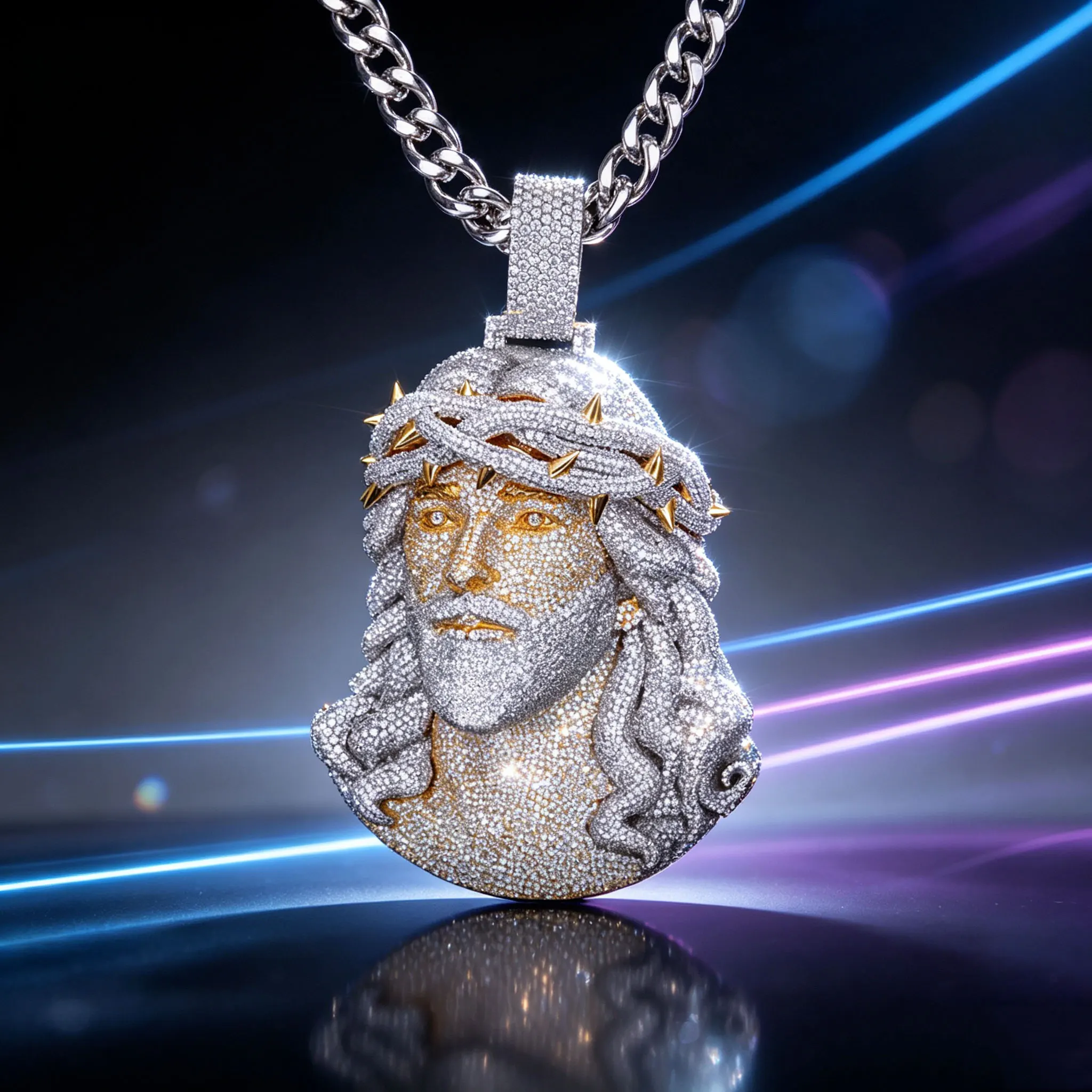 Two Tone Iced Out Jesus Face Pendant Necklace, Men Hip Hop Full Micro Paved VVS CZ Diamond Jesus Head with Crown of Thorns, Silver Cuban Link Chain, Religious Rapper Bling Statement Jewelry for Party Club Gift