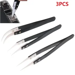 3pcs Ceramic Reverse Tweezers Non Conductive Anti-Static Heat Resistant Tweezers Little Curved/Big Curved/Straight Tweezer