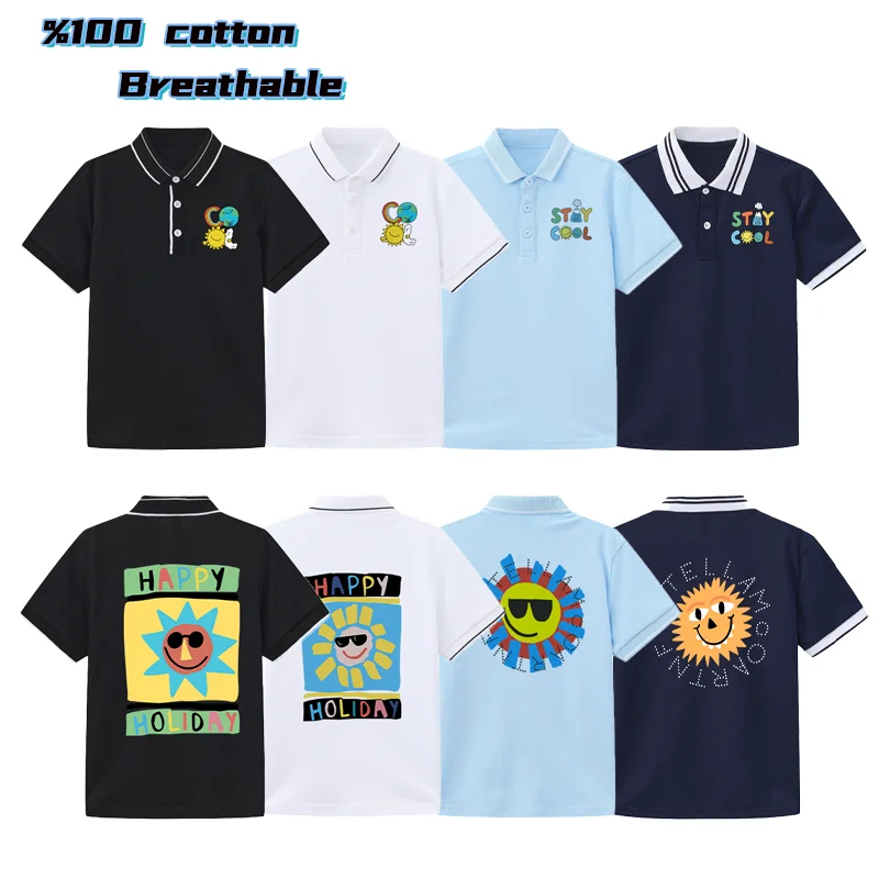 fashion Fun prints Children's short sleeve polo shirt boys summer clothes Cartoon hand drawn sun graphics casual kids lapel Tops