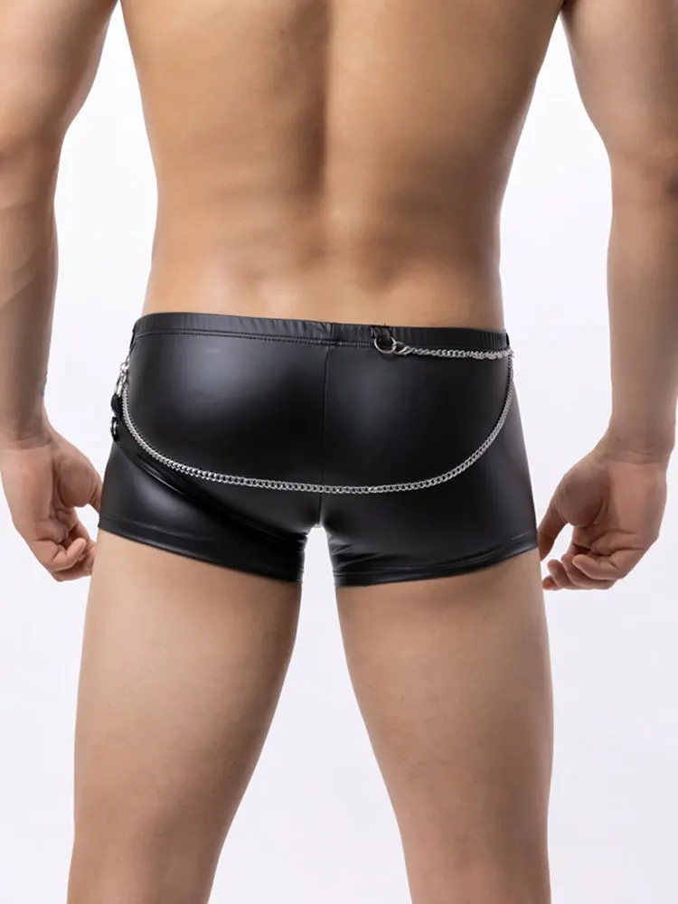 Fashion Chain PU Faux Leather Boxer Men's Low Waist Panties Night Club Dance Wear Exotic Man Underwear U Bulge Pouch Lingerie