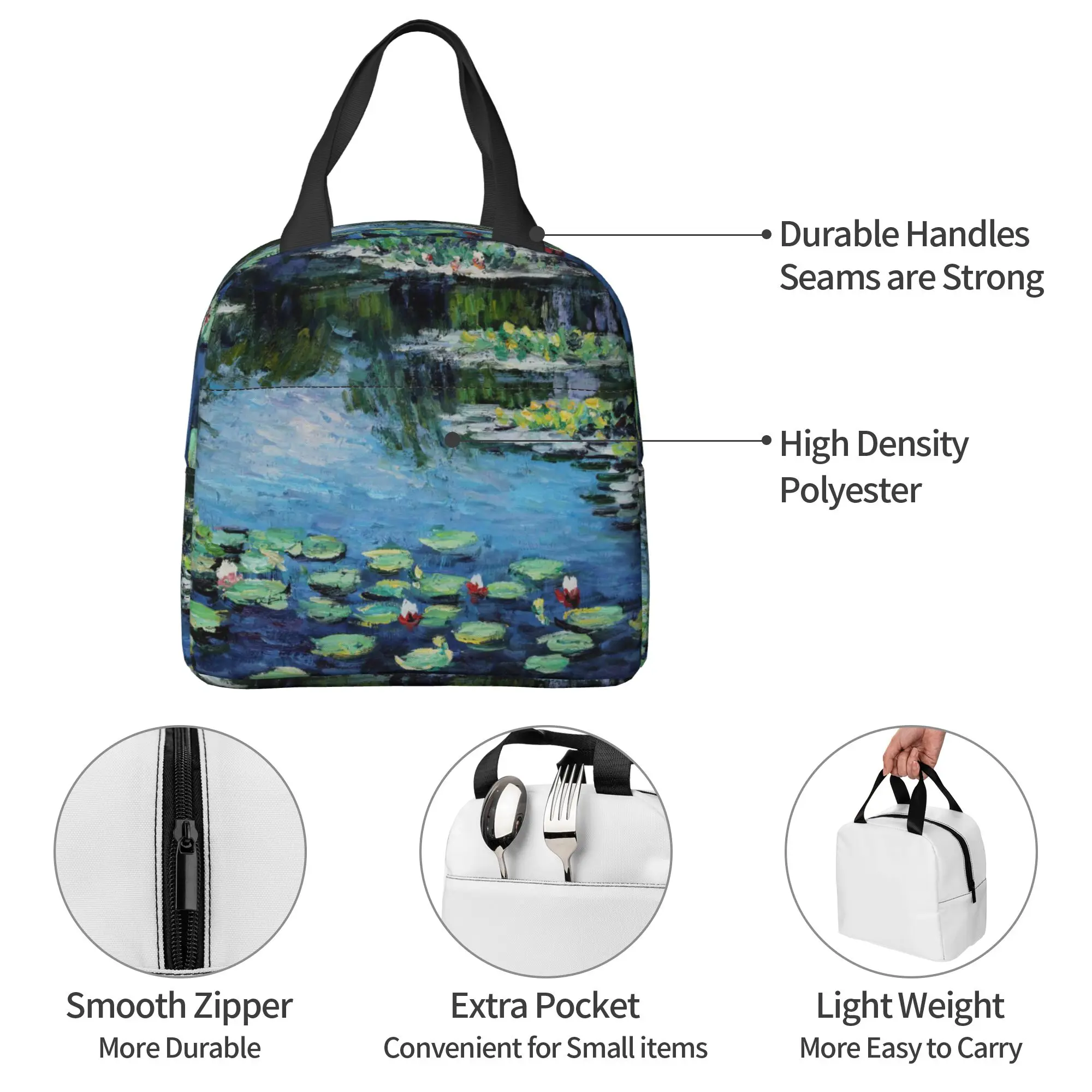 Monet Art Painting Lotus Flowers Lunch Bag Small for Men Women Kids Outdoor Picnic Work School Lunch Box Bag Insulated Gift