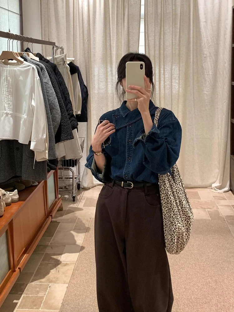 Vintage strukturalna koszula dżinsowa na ramię damska kamizelka z dzianiny Retro butikowa bluzka minimalistyczna odzież codzienna