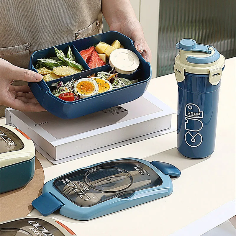 2Pcs Microwave Safe PP Lunch Box Set 750ML Separated Bento Container With 450ML Portable Water Bottle Leak‑Proof Dinnerware