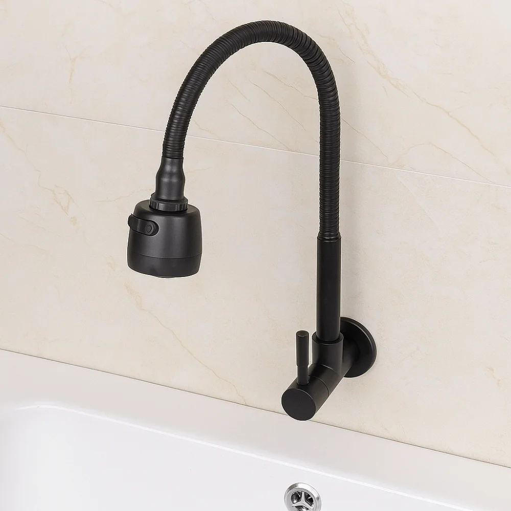 Household Wall Mounted Flexible Hose Kitchen Faucet Stainless Steel Rotatable Sink Faucet Black 2 Modes Water Tap Nozzle Balcony