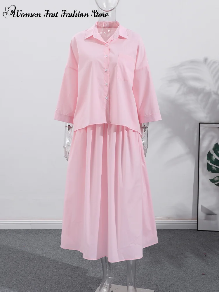 

Pink Single-breasted Shirt Skirts Set Women's Lapel Turn-down Collar Full Sleeve Blouses Loose Long Skirt 2026 Spring Outfits