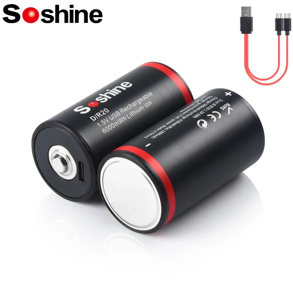 Soshine 1.5V 6000mWh Lithium Battery USB 6000mWh D Size Batteries Li-ion Rechargeable Batteries for Electric Guitar Microphone