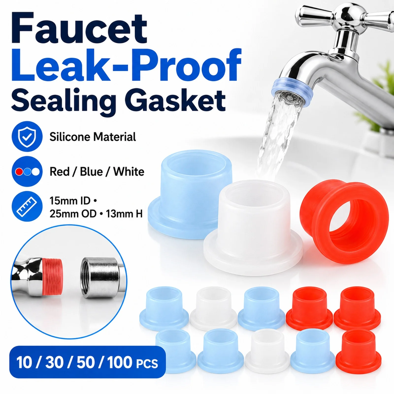 10/30/50/100 pcs Faucet Leak-Proof Sealing Gasket Rubber Pipe Seal Gasket Silicone PTFE Tape Triangle Valve Pipe Fittings Plug