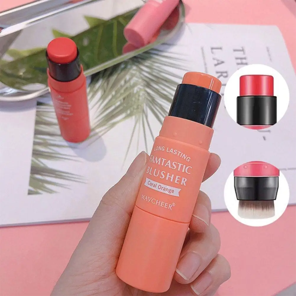 Colorete de doble cabeza con pincel para iluminar la cara, maquillaje cremoso, polvo de colorete naranja melocotón St T5H1, 3 colores