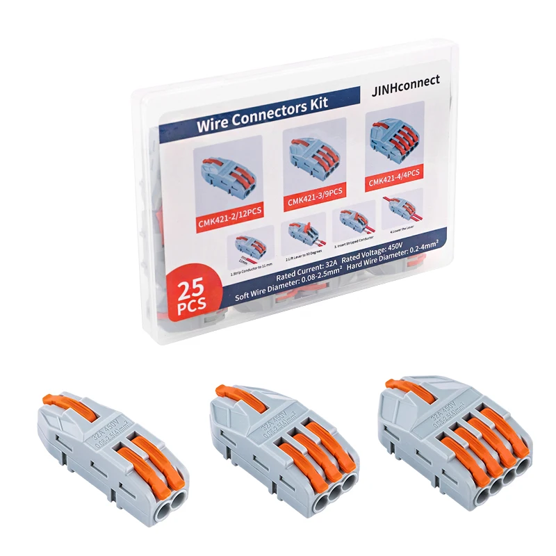 JINH 25Pcs Mini Fast Universal Wire Connectors Compact Splice Electrical Multiple In/Out Push-In for Solid Stranded Conductors