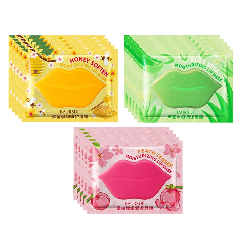 20pcs Crystal Collagen Lip Mask Lips Care Moisturizing Firming Labial Gel Pads Cherry Aloe Honey Lip Patch Lips Plumper