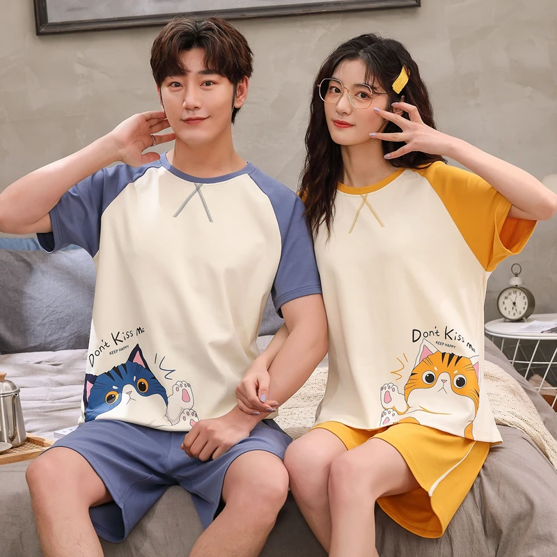 Newest Couple Pajamas Set Summer 100% Cotton Men And Women Short-sleeved Sleepwear Cute Cartoon Lover Pyjamas