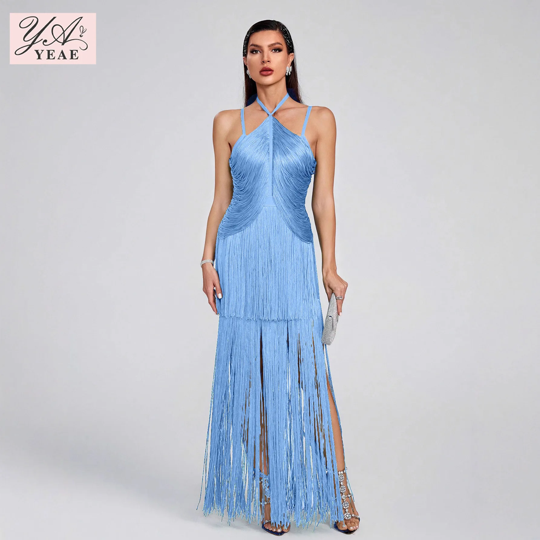 

2025 Blue Bandage Evening Gown - Sexy Backless Slit Dress with Fringe Hem, Couture Bodycon Maxi