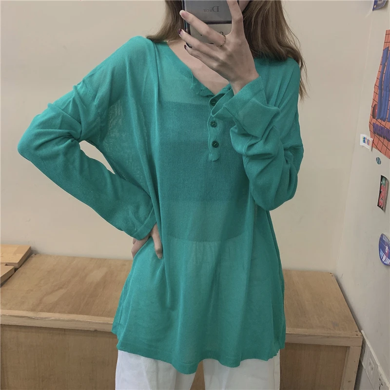 Sagging Fabric Thin T-Shirt Women Summer See-Through Long Sleeve Ice Silk Sunscreen Clothing Loose Fit Single Breasted Pullover