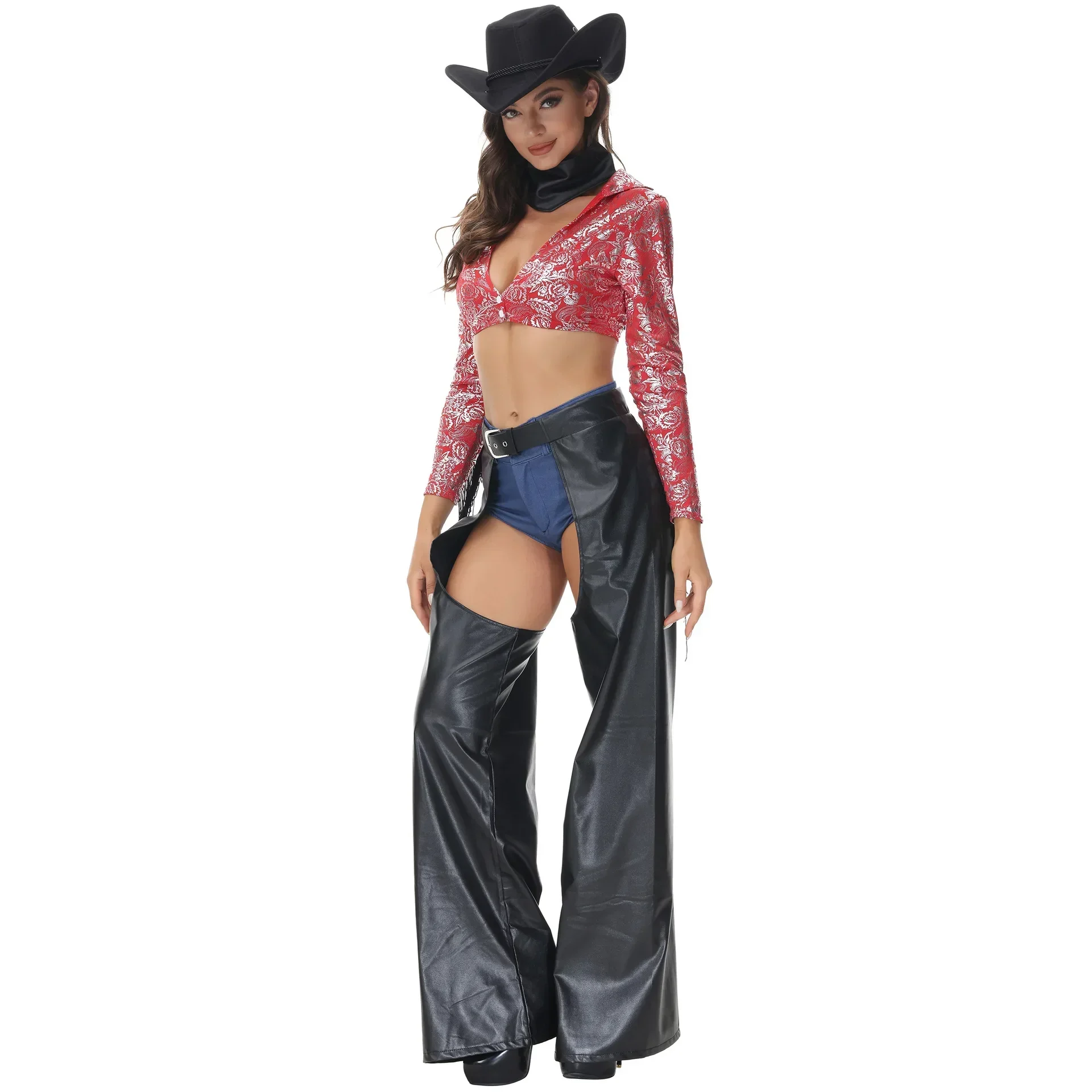 Chemise et pantalon en cuir avec ceinture pour femme, slip imprimé Spice Girl, costume de cosplay, tenue de danse d'Halloween, denim occidental, estampage doré, sexy