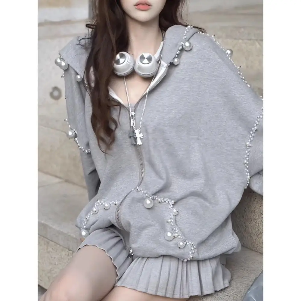 

Grey Zip Up Sweatshirt Pearl Hooded Jacket Women Autumn Streetwear New Loose Design Casual Tops Harajuku Kawaii Sweatshirt