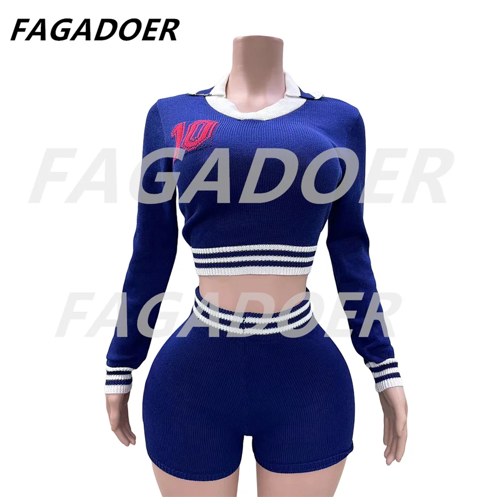 FAGADOER Autumn Knit 2 Piece Sets Outfit Preppy Style Lapel Stripe Patchwork Sweater and Shorts Set Quality Stretchy Knitwear