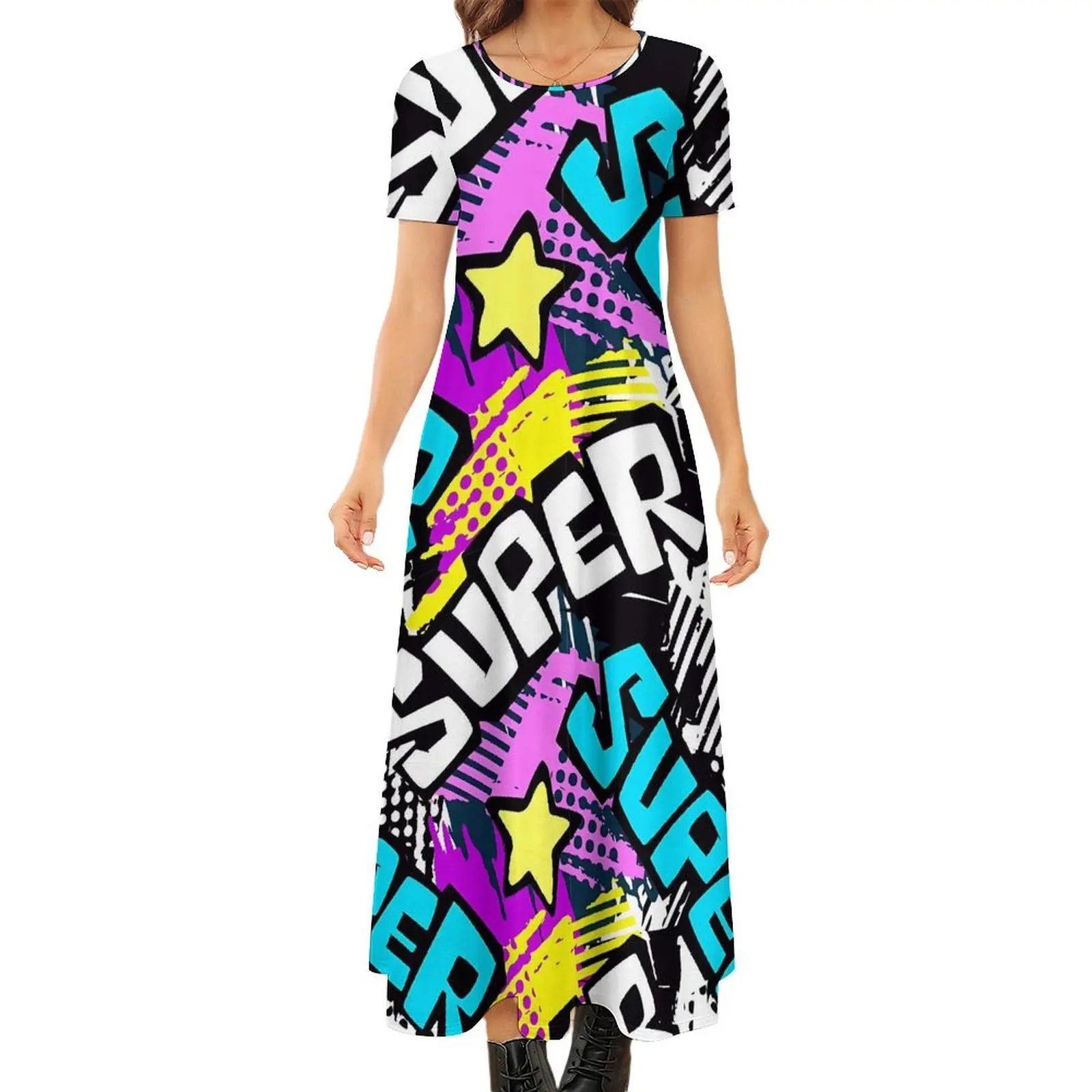 

Colorful Graffiti Dress Letter Print Korean Fashion Boho Beach Long Dresses Women Party Maxi Dress Gift