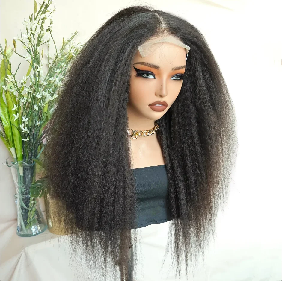 24Inch Long Glueless Kinky Straight Yaki Natural black Soft 13x4 Lace Front Wig For Women With Baby Hair Preplucked Daily