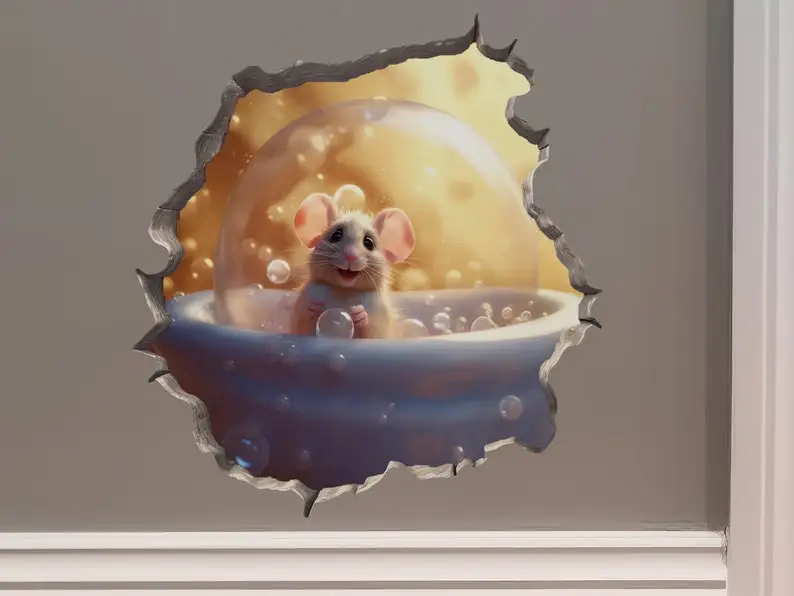 

Bubble Bath Mouse in Mouse Hole Decal - Mouse Hole 3D Wall Sticker
