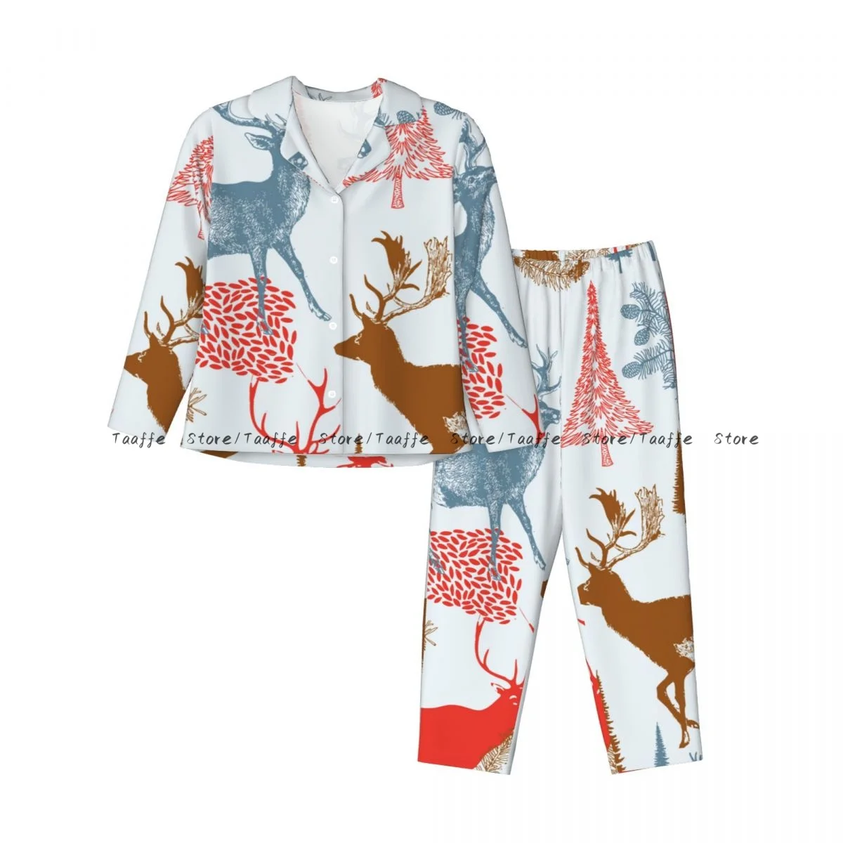 Spring and Autumn Pajama Set Women's Long Sleeve Pants Two Piece Christmas Forest With Winter Deers Home Furnishing Set