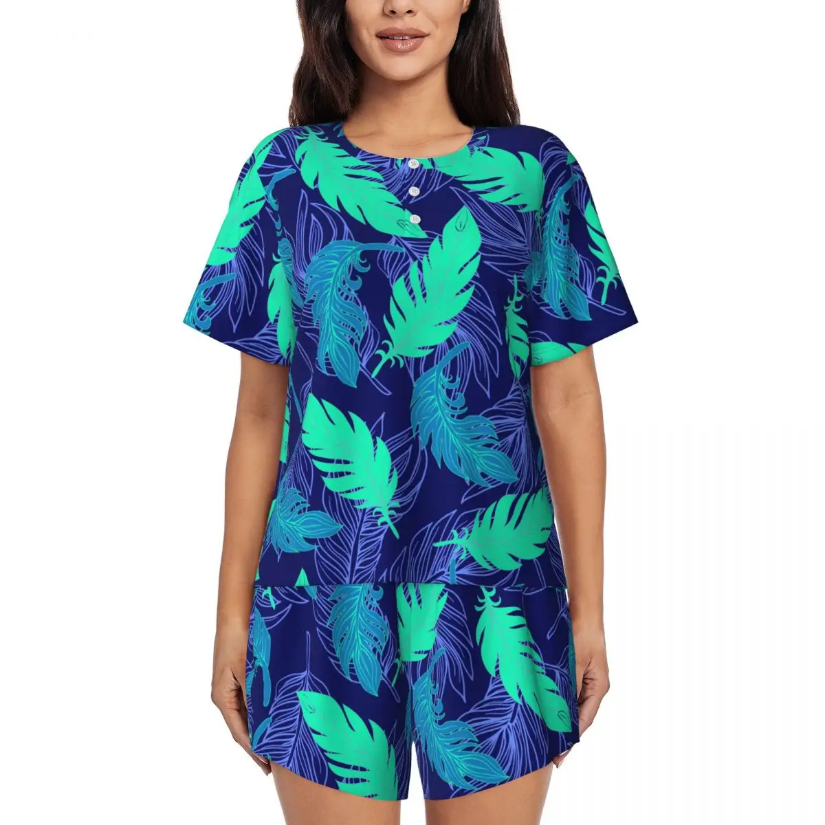 Leaf Print Pajamas Short Sleeve Abstract Art 2 Pieces Night Pajama Sets Summer Women O Neck Cute Sleepwear