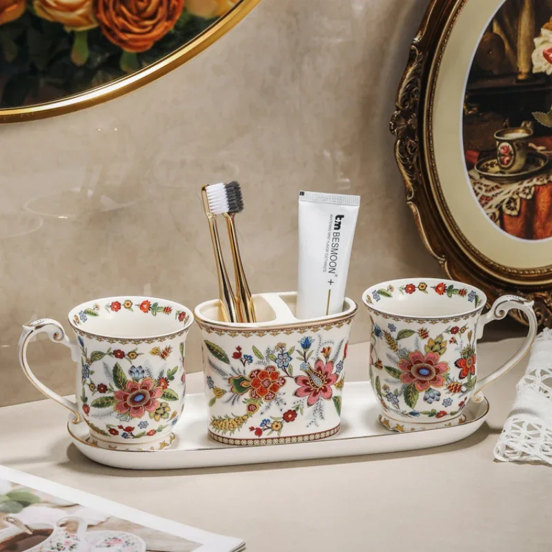 

French vintage floral ceramic bathroom set Toilet Foam lotion bottle Toothbrush cup soap dish Household luxury toiletries set
