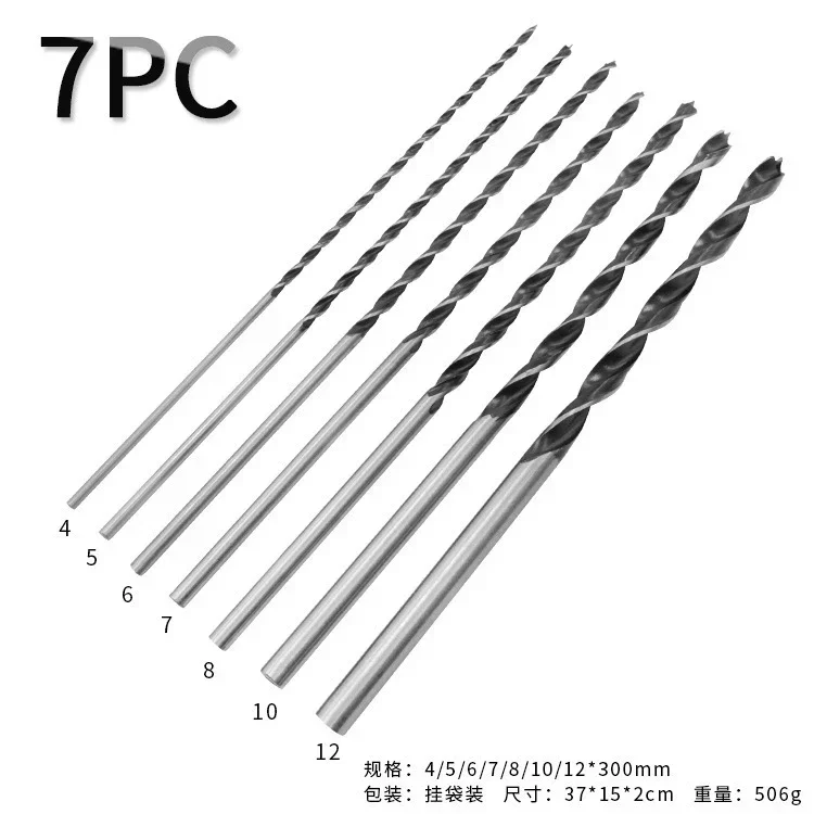 Woodworking Tool Centered Hole Opener  7pcs 4mm 5mm 6mm 7mm 8mm 10mm 12mm Extra Long 300mm Triple pointed Wood Drill Bit Set