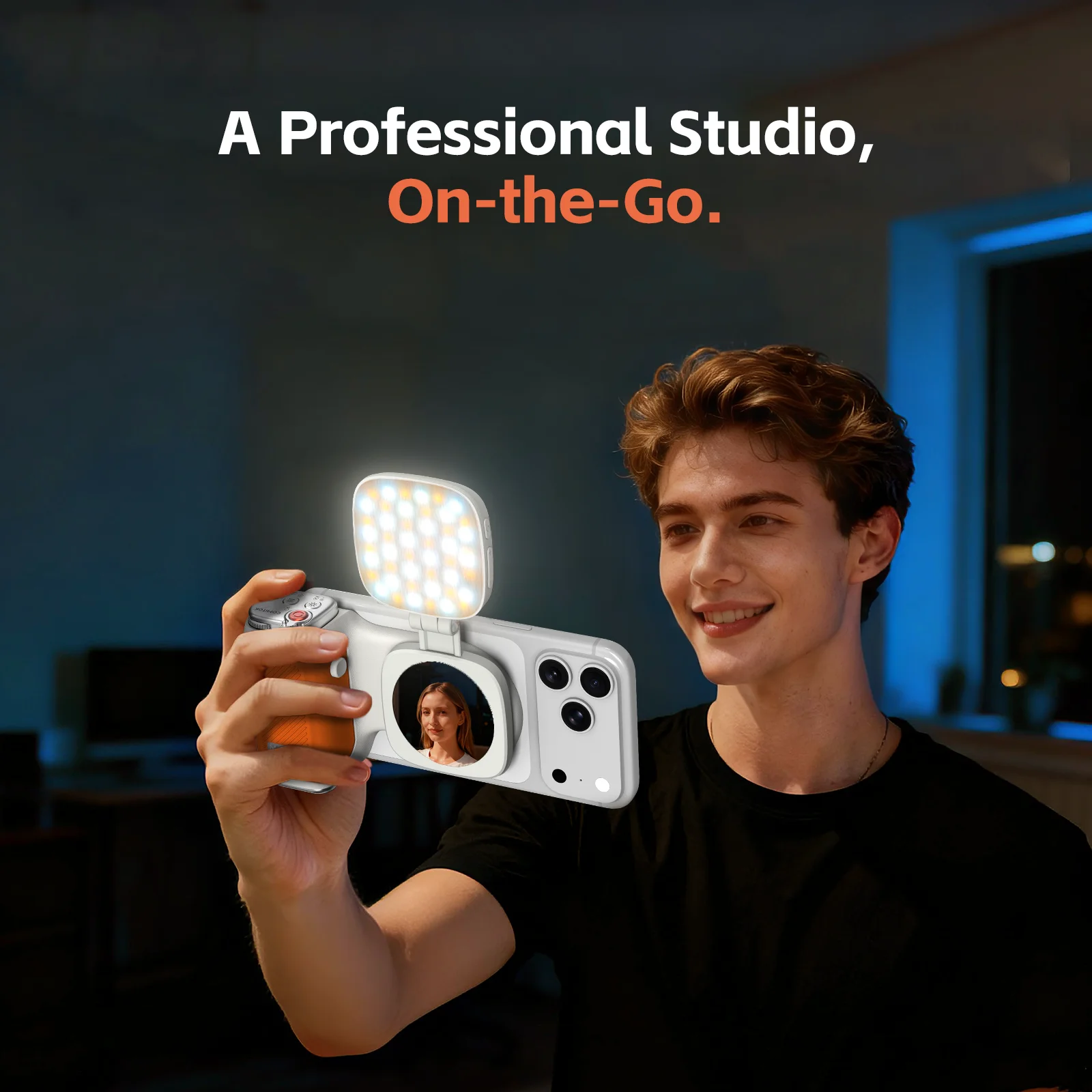 مساعد كاميرا iPhone COMITOK MOCA، قبضة مصراع قابلة للطي بعدسة نقرة واحدة/جهاز تحكم عن بعد للشحن قابل للفصل + ضوء ملء اختياري/مرآة