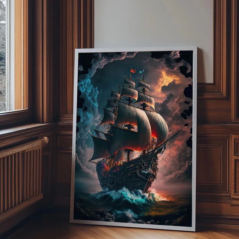 Póster de arte de pared con pintura en lienzo de barco pirata de fantasía, cascada en el bosque, árbol de la vida, decoración para sala de estar y hogar