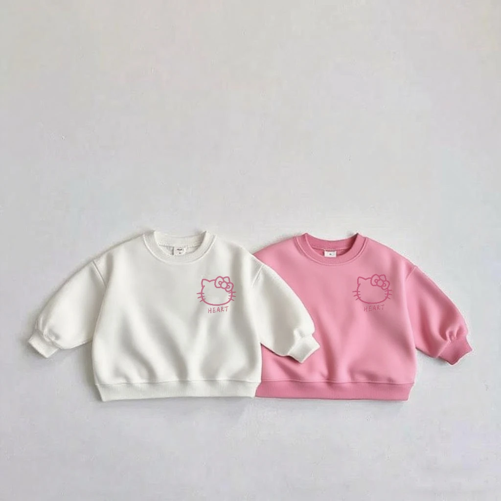 

Pink White Tops For Girls Cartoon Cat Printed Loose Casual Clothing Crewneck Tops Children New Design Cute Hoodies Outer Wear