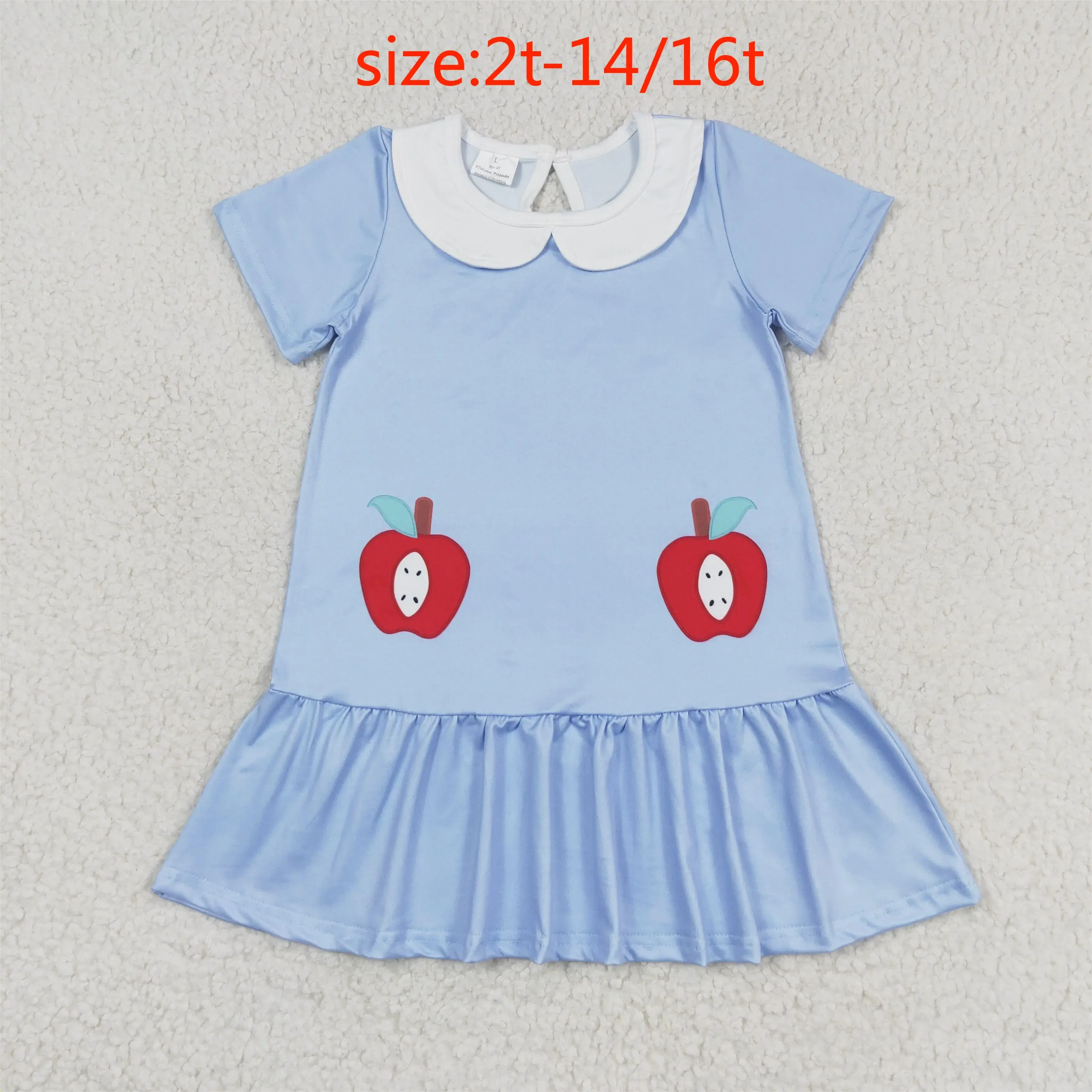 

New clothes for girls summer dress Apple blue and white short sleeve dress Wholesale Boutique baby girls clothes