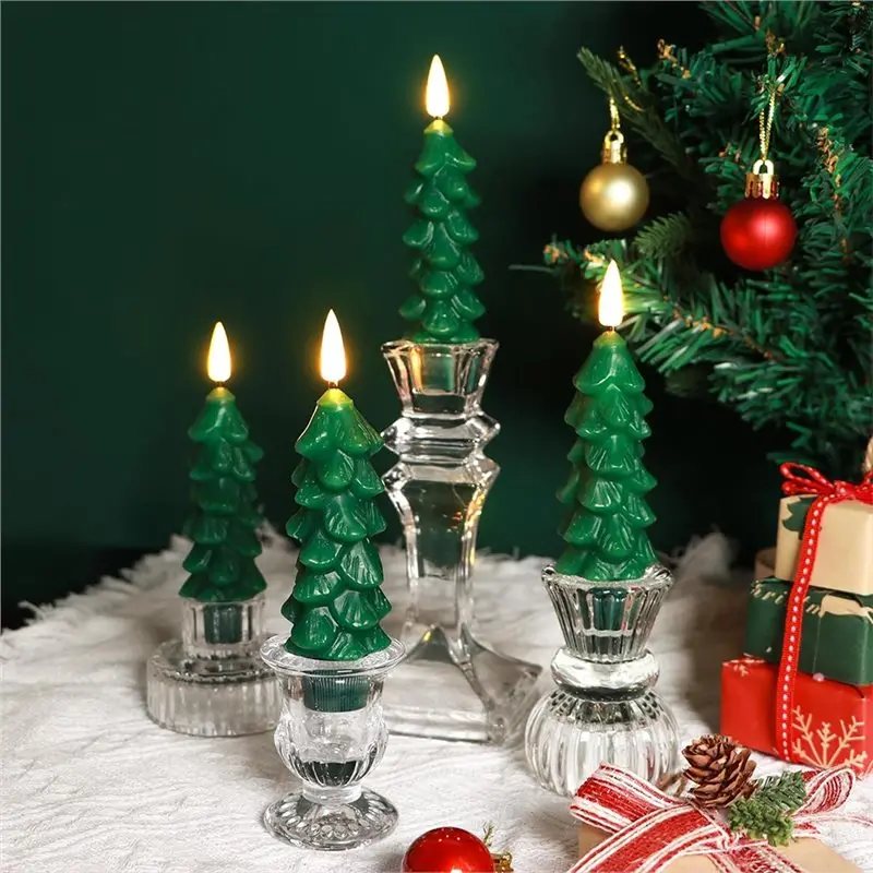A008 6Pcs Christmas Tree Candles Real Wax Flameless Taper Candles Battery Operated LED Window Candle Home Holiday Decor